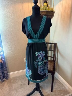 Black V-Neck Dress with Teal Trim and Paisley Print